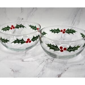 Vintage Libbey Holly Berry Bowl Set of 2 Christmas Glass Bowls Holiday Dishware